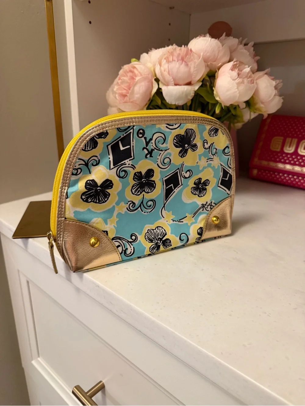 Lilly Pulitzer Turquoise Floral Cosmetic Pouch with Gold Accents